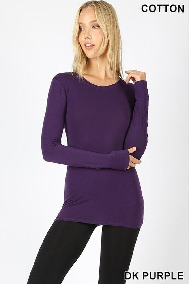 Basic Long Sleeve Solid Top Womens Plain Cotton T-Shirt Stretch Tight Crew Neck