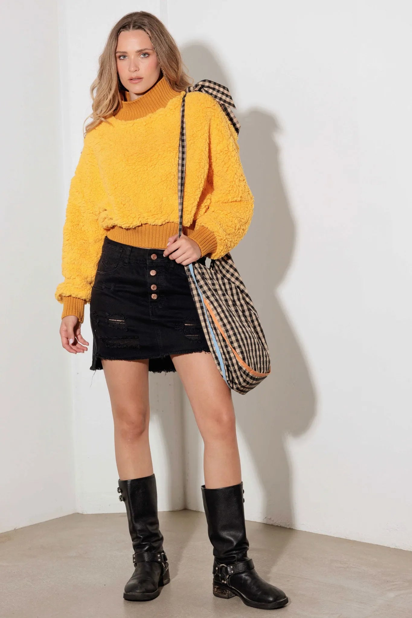 Fuzzy Ribbed Mock Neck Teddy Crop Sweater