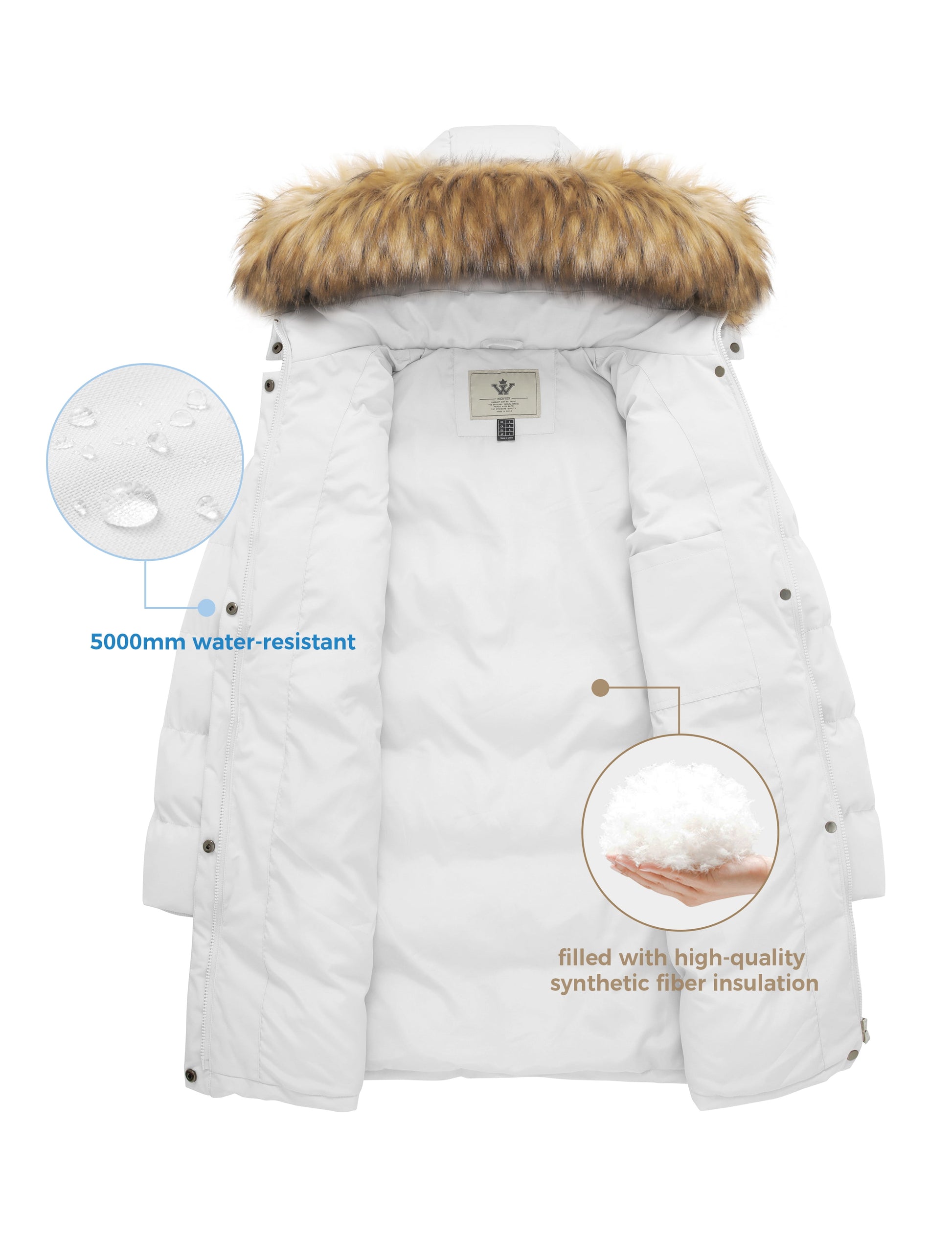 Women'S Puffer Jacket Warm Winter Coat Hooded Waterproof Puffer Jacket White M