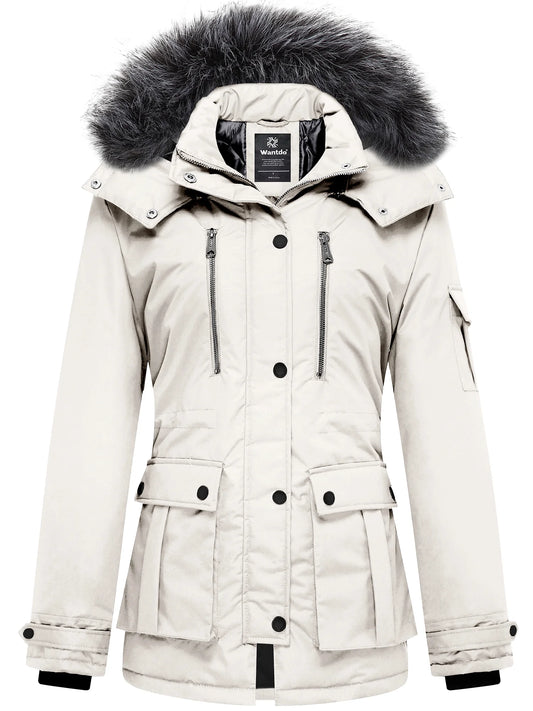 Women'S Winter Coat Thicken Winter Jacket with Detachable Hood Quilted Parka Coat Beige L