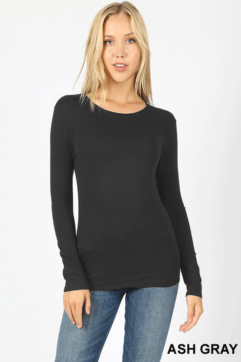 Basic Long Sleeve Solid Top Womens Plain Cotton T-Shirt Stretch Tight Crew Neck