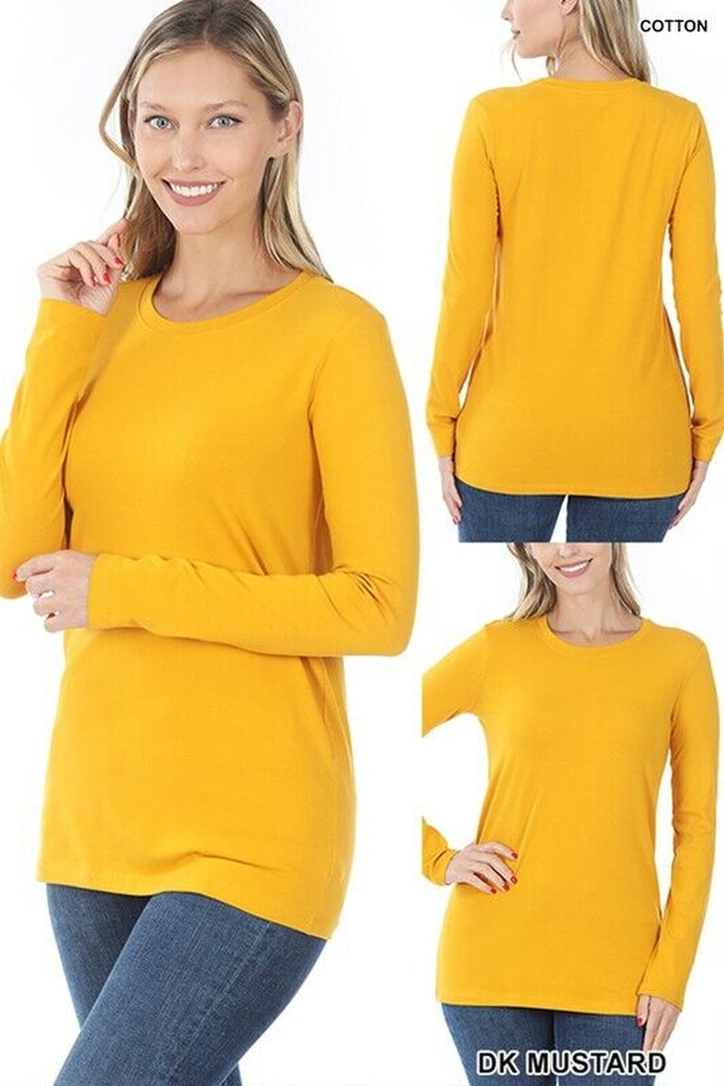 Basic Long Sleeve Solid Top Womens Plain Cotton T-Shirt Stretch Tight Crew Neck